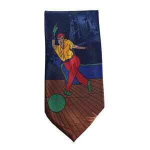 Bowling-Themed Silk Tie Florence B.T. Inc. Navy Blue With Vibrant Graphics 57 In